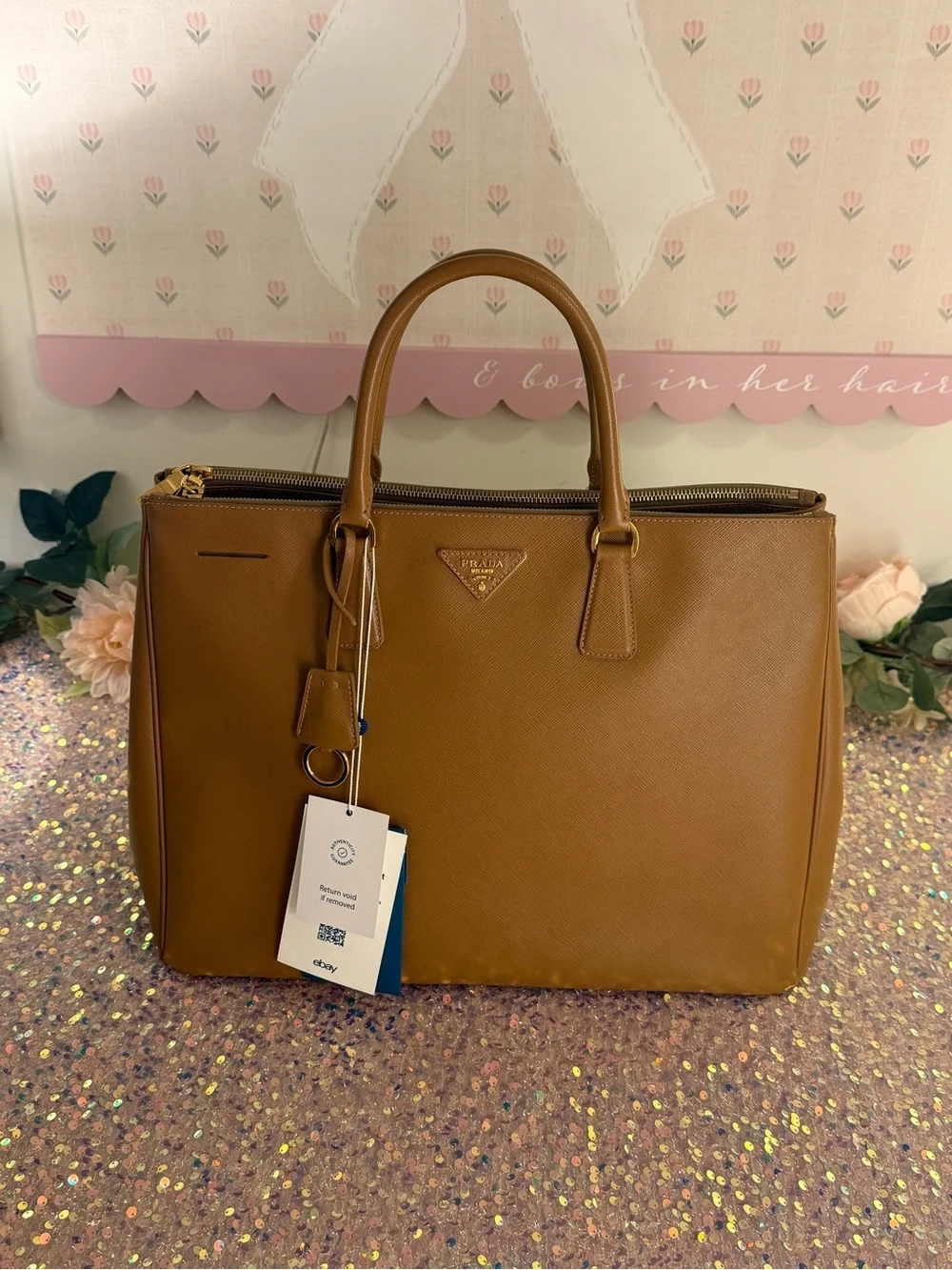 Authentic Prada Saffiano Lux XL Double Zip Executive Tote in Caramel - EUC